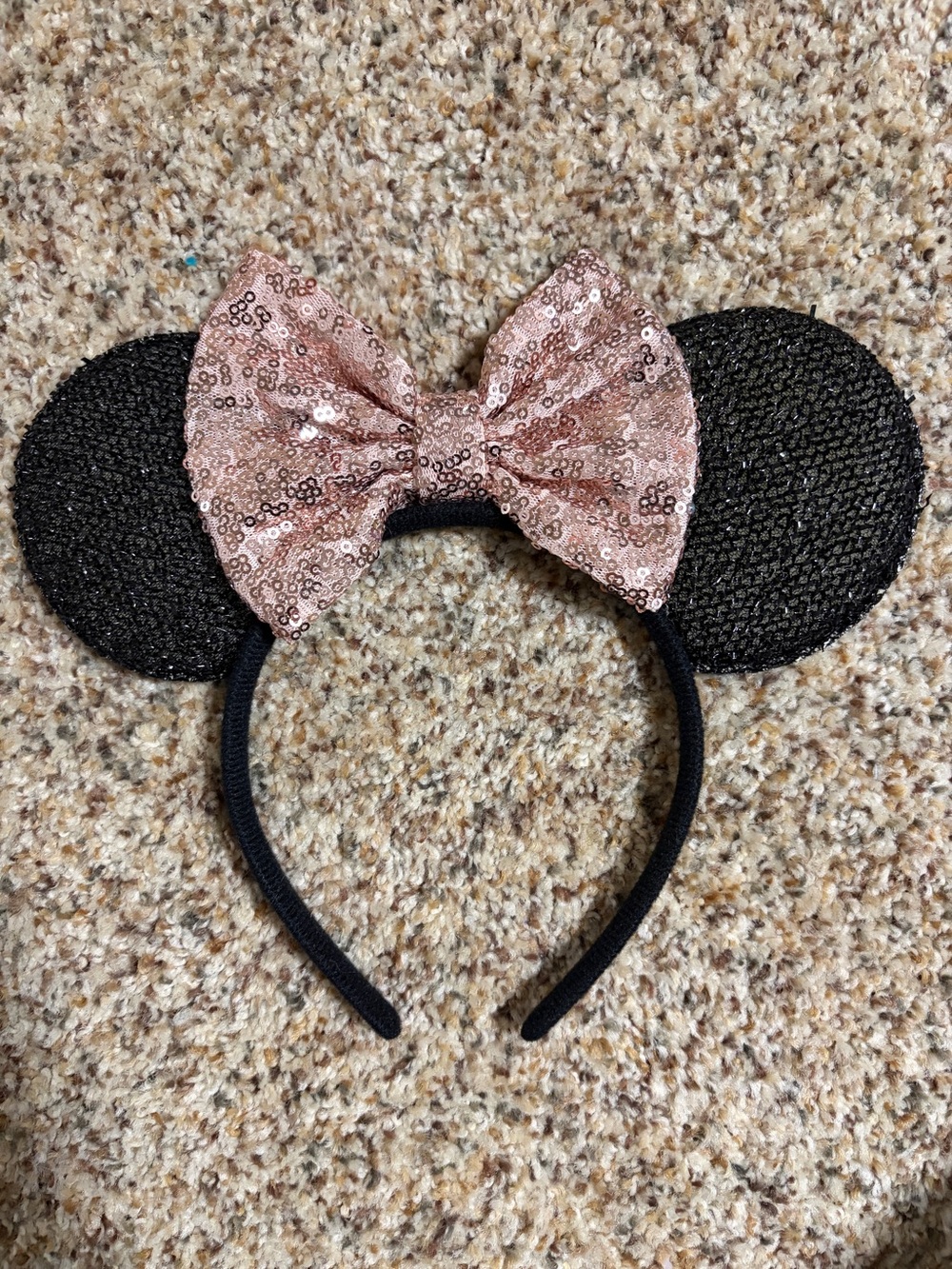 Black Minnie-Style Headband with Rose Gold Sequin Bow